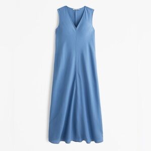 ABERCROMBIE LINEN BLEND V NECK SLEEVELESS COLUMN DRESS COASTAL RESORT Blue S